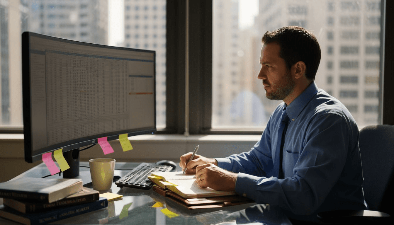 Trader reviewing performance data at desk