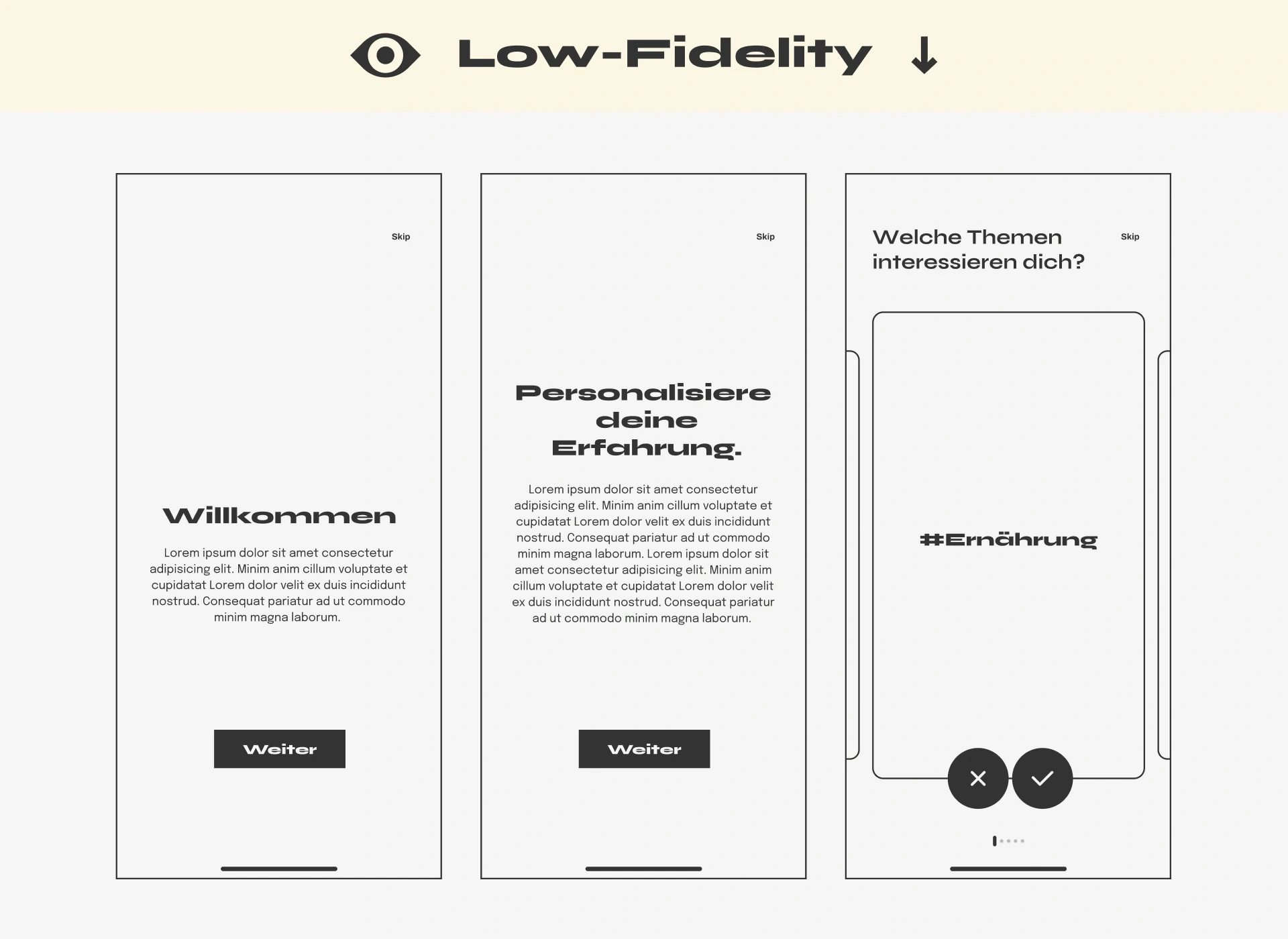 Low-Fidelity-Designs von fjnland für die interaktive Web-App der KZ-Gedenkstätten Buchenwald und Sachsenhausen, die verschiedene Screens und deren Inhalte zeigen.