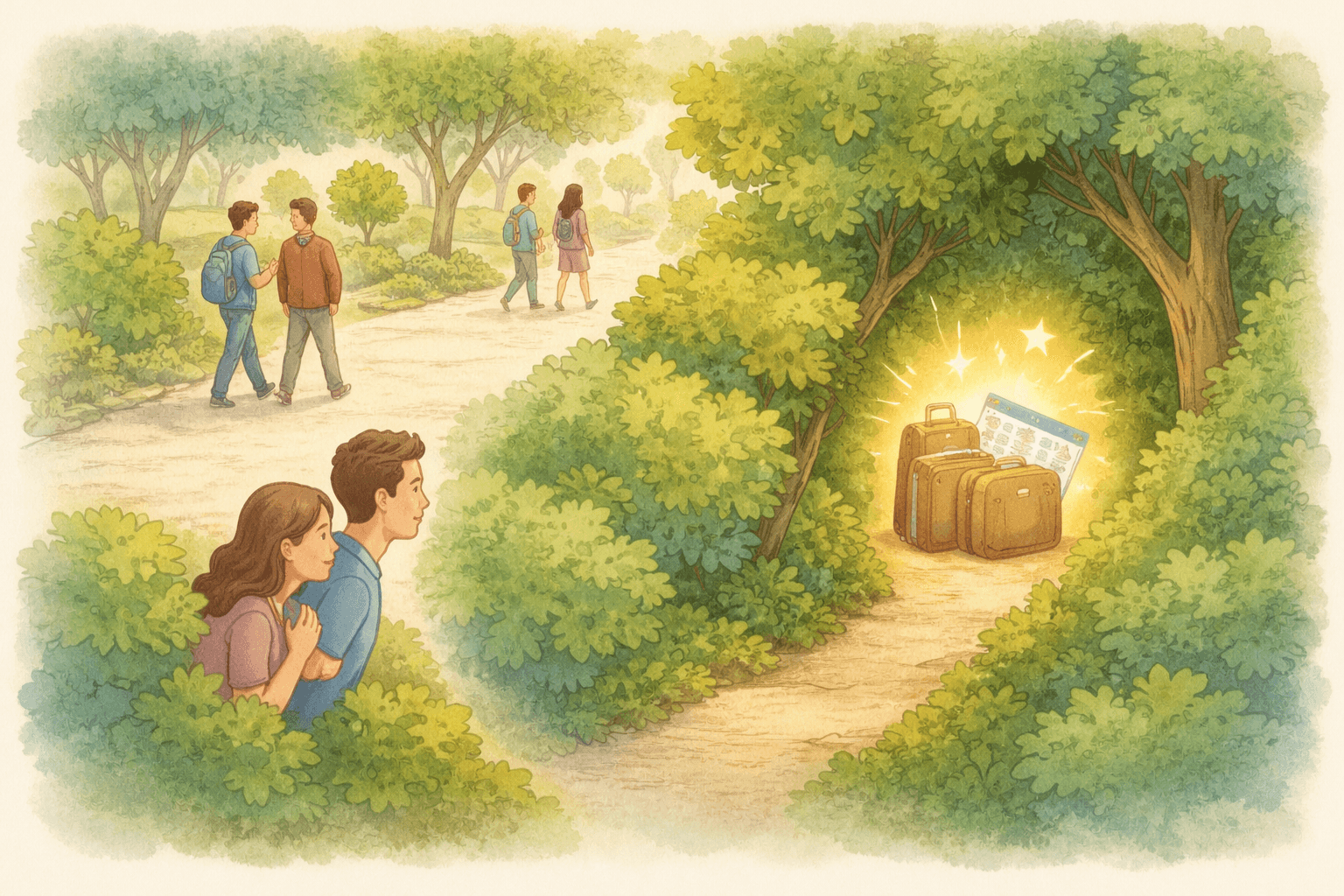 Ilustração em aquarela digital mostrando um caminho alternativo escondido, simbolizando oportunidades ocultas de emissão de passagens com pontos e milhas em tabela fixa.