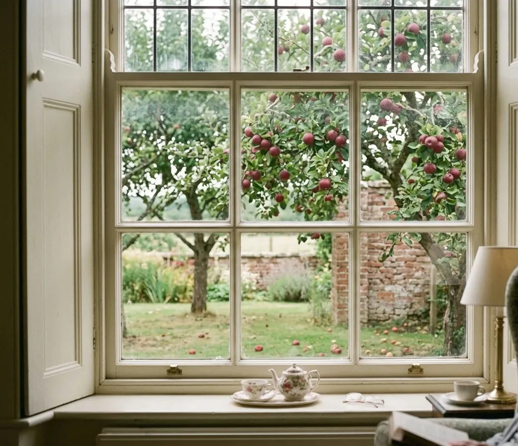 Apple trees in the orchard seen through the window