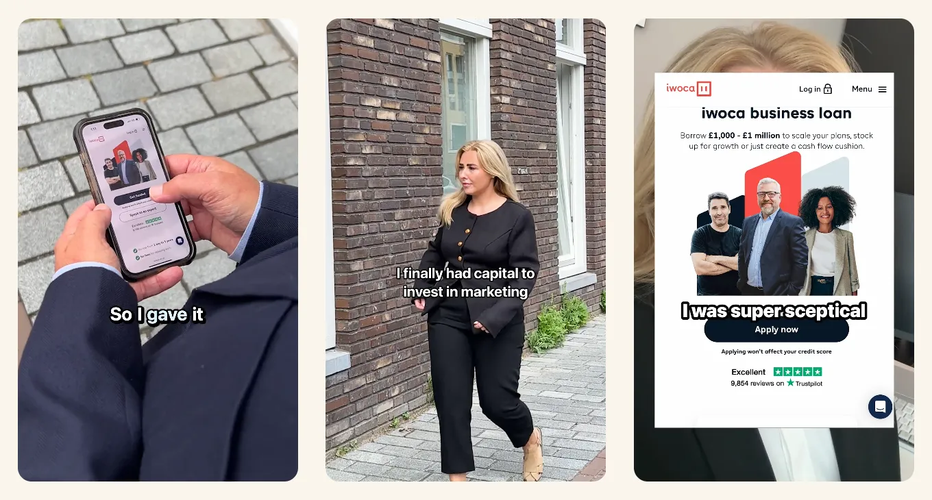 A three-panel vertical ad creative from Creative Milkshake’s campaign for iwoca. The visuals show a woman sharing her business growth story while using the iwoca business loan platform on mobile. On-screen captions reference gaining capital to invest in marketing and initial skepticism before applying. The campaign uses UGC-style storytelling and social proof to promote business financing in a relatable, performance-focused