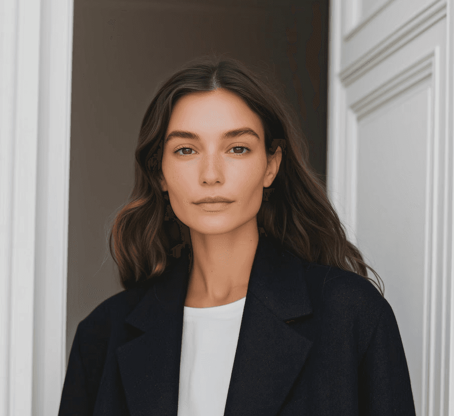 A woman with long brown hair stands confidently in a doorway, wearing a black blazer over a white shirt, conveying a professional and stylish appearance.