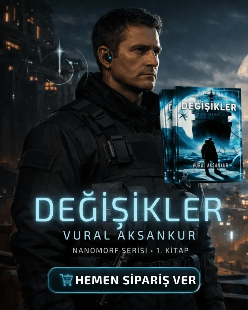 Nanomorf 1 Değişikler sürükleyici kitap serisi kaos sayfası için hazırlanan biopunk ve distopya temalı banner reklamı