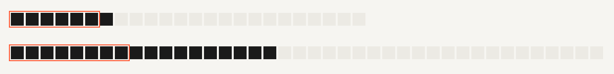 Two rows of small squares. The upper, shorter row has a black run of seven squares that just passes an orange outline of six; the lower row's black run of eighteen passes an outline of eight by a wide margin.