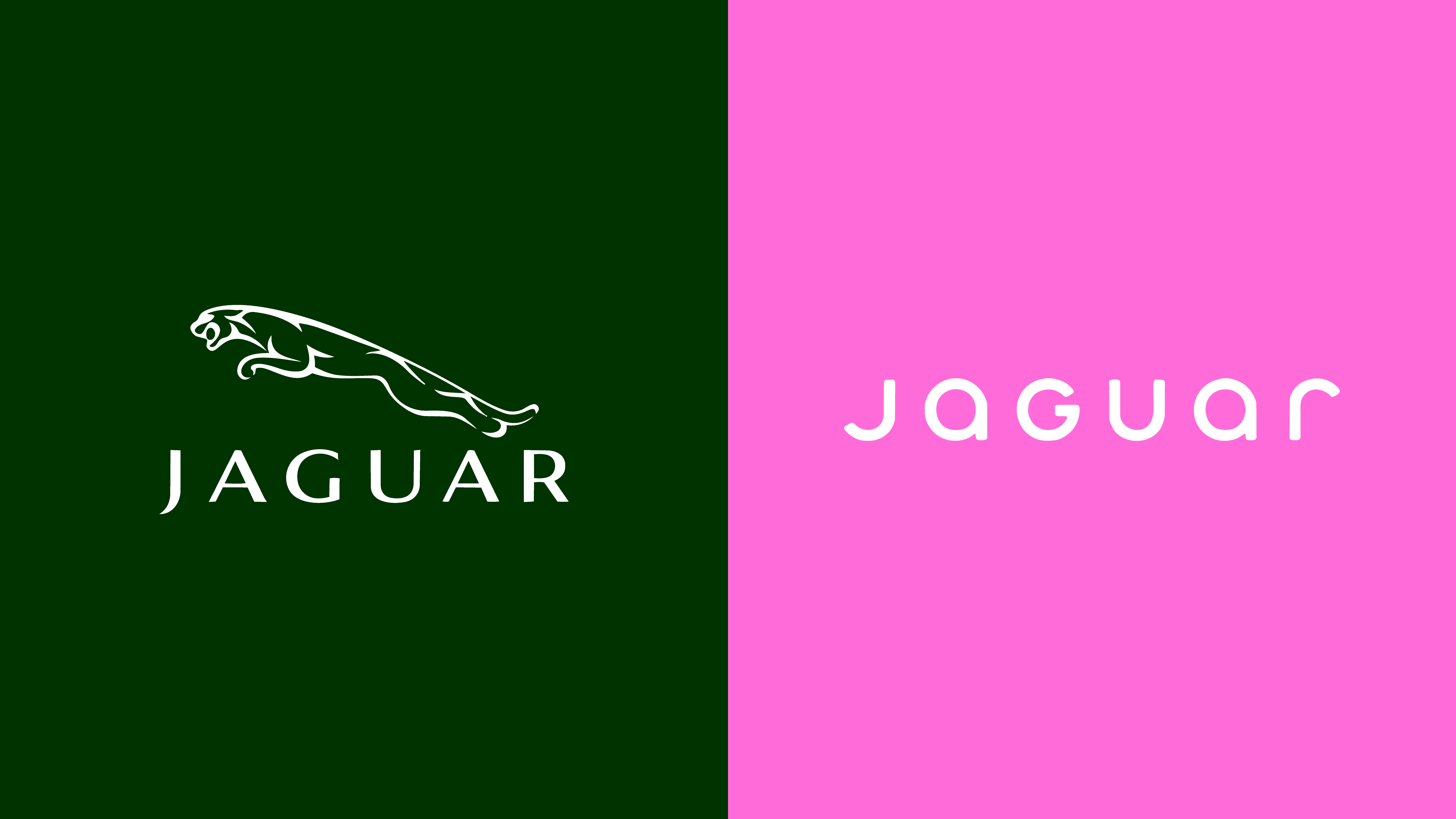 Jaguar rebranding comparison showing the shift from the classic jaguar emblem to a minimal wordmark logo
