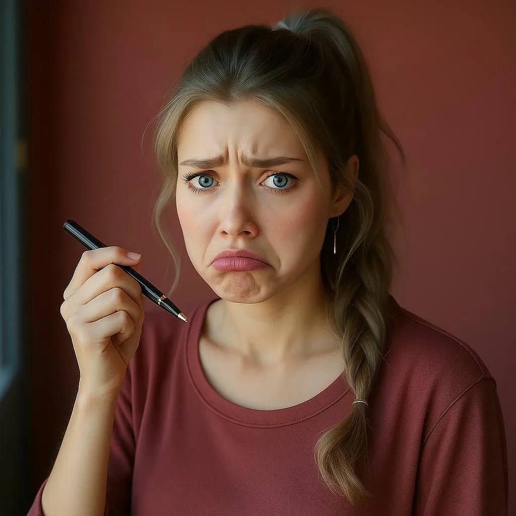 Face expression changer makes a girl’s face show a frowning expression.