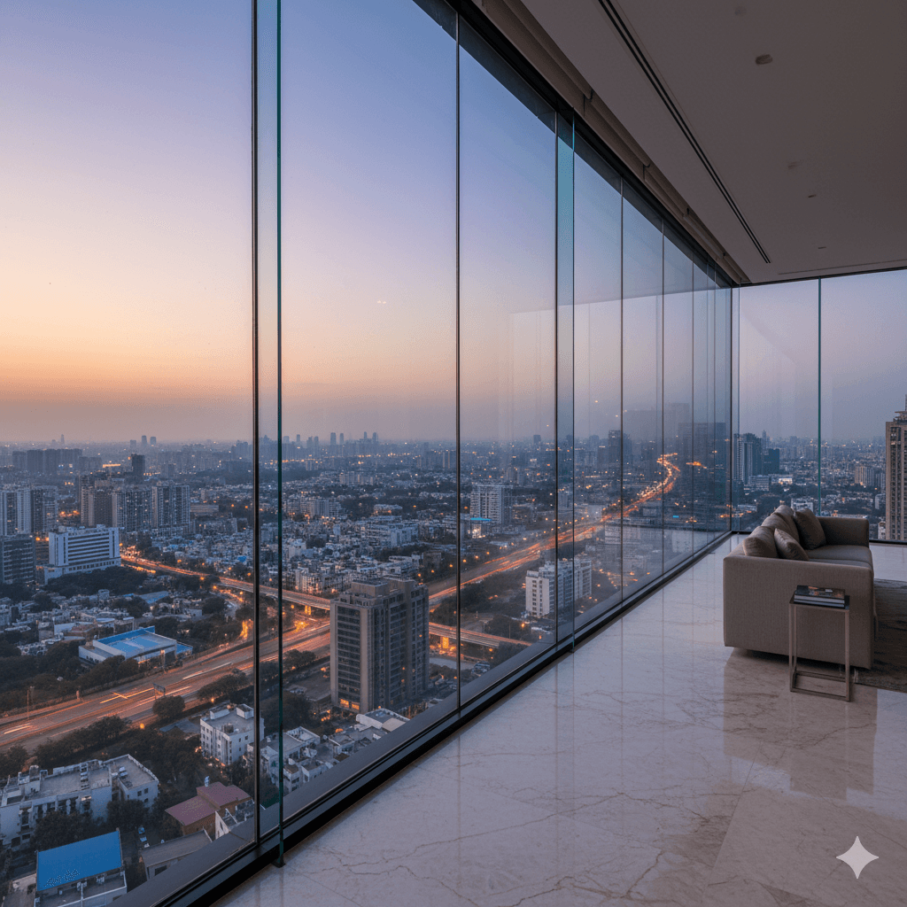 M3M Penthouses Noida: Apartment with floor-to-ceiling panoramic city views.