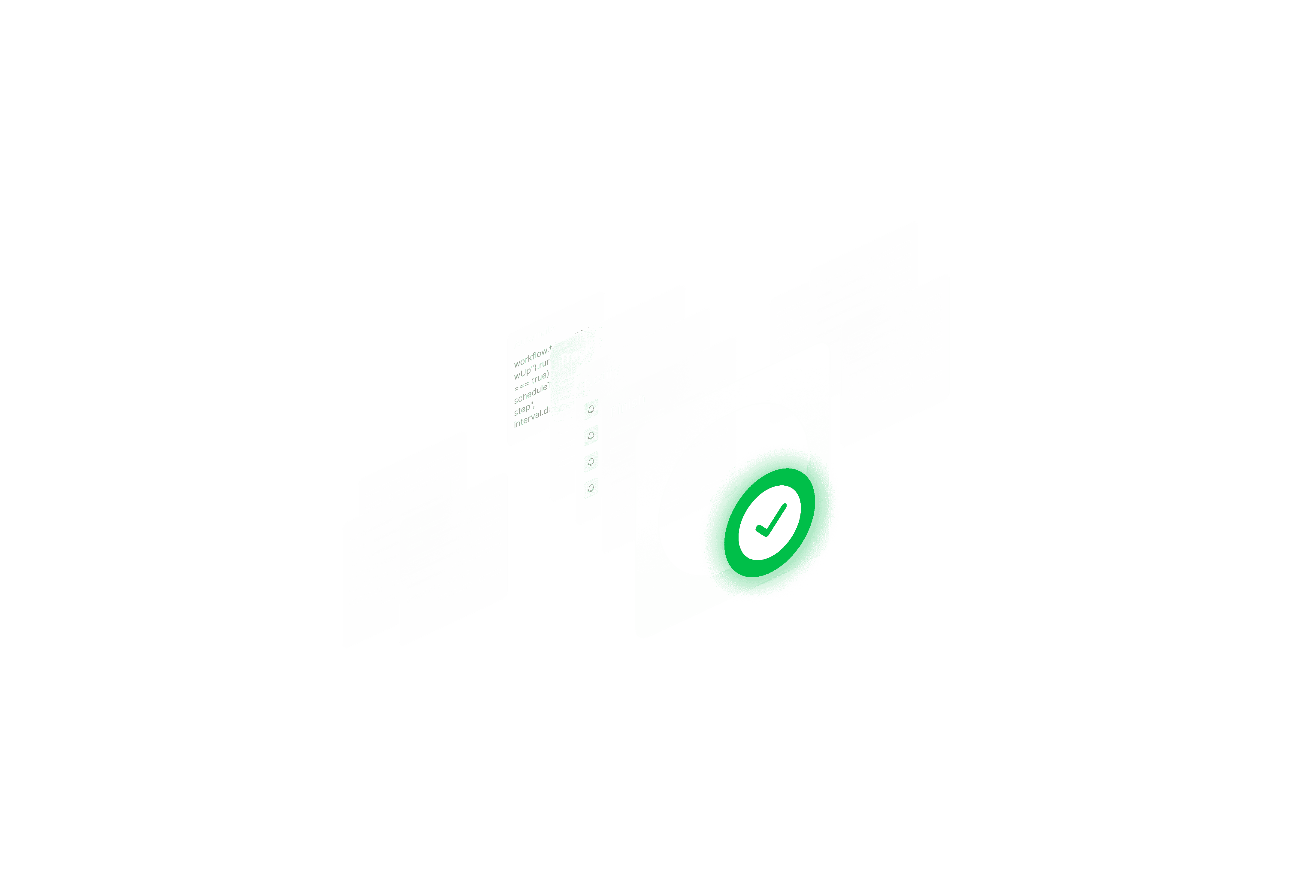 Layered interface with a green check icon.