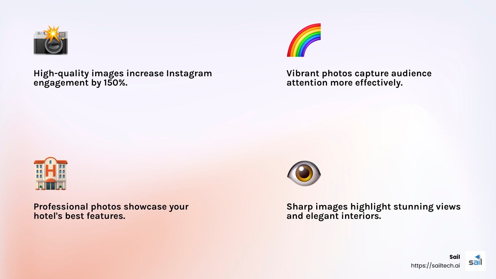 High-quality images increase engagement by 150% on Instagram. - how to market your hotel on instagram infographic 4_facts_emoji_light-gradient
