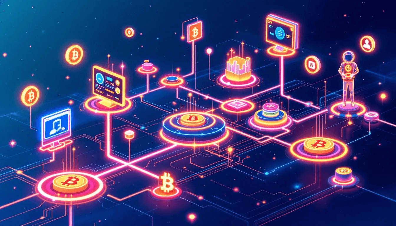 The image illustrates a futuristic ecosystem for the Bitcoin creator economy, showcasing decentralized autonomous organizations and blockchain technology that empower global creators. It highlights innovative solutions for protecting intellectual property and enabling new monetization models through smart contracts and direct relationships, ultimately accelerating Bitcoin's evolution in the digital content creation landscape.