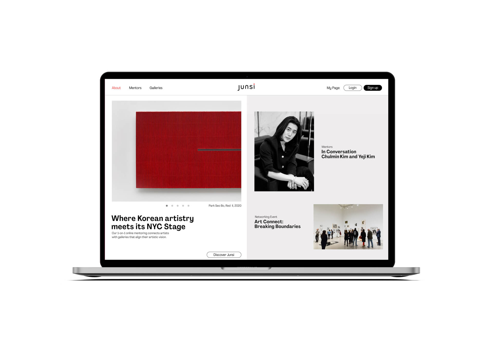 A laptop screen displays a JUNSI website. The left side shows a red rectangular artwork with text: “Where Korean artistry meets its NYC Stage,” accompanied by a gallery image. The right side displays a black and white photo of a person seated in a chair, with text: “In Conversation: Chulmin Kim and Yeji Kim.” Below the photo are smaller images: “Art Connect: Breaking Boundaries” and “Networking Event.” A “Discover JUNSI” button is at the bottom.