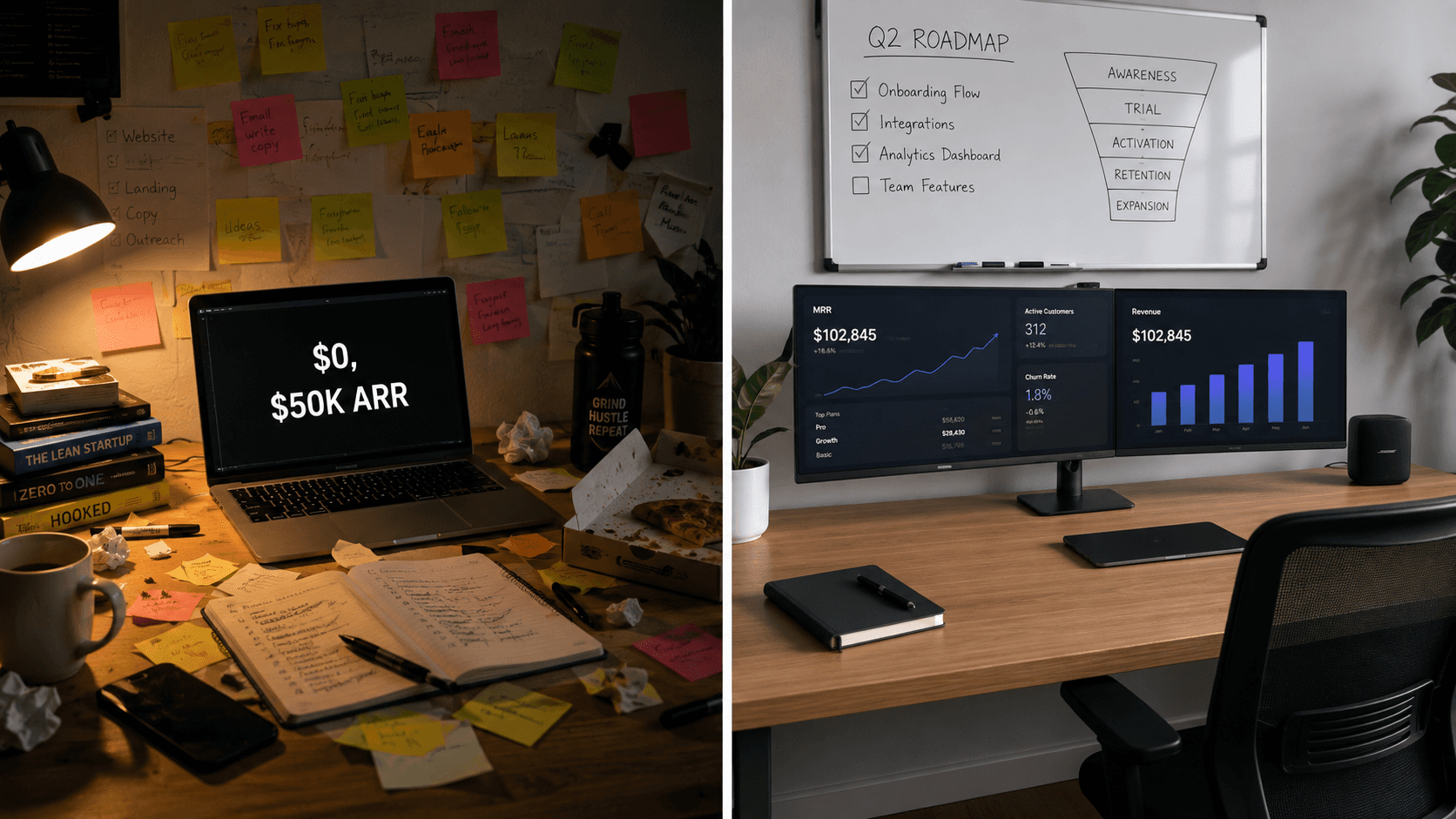 A split screen showing two desks: one messy with sticky notes and a laptop label