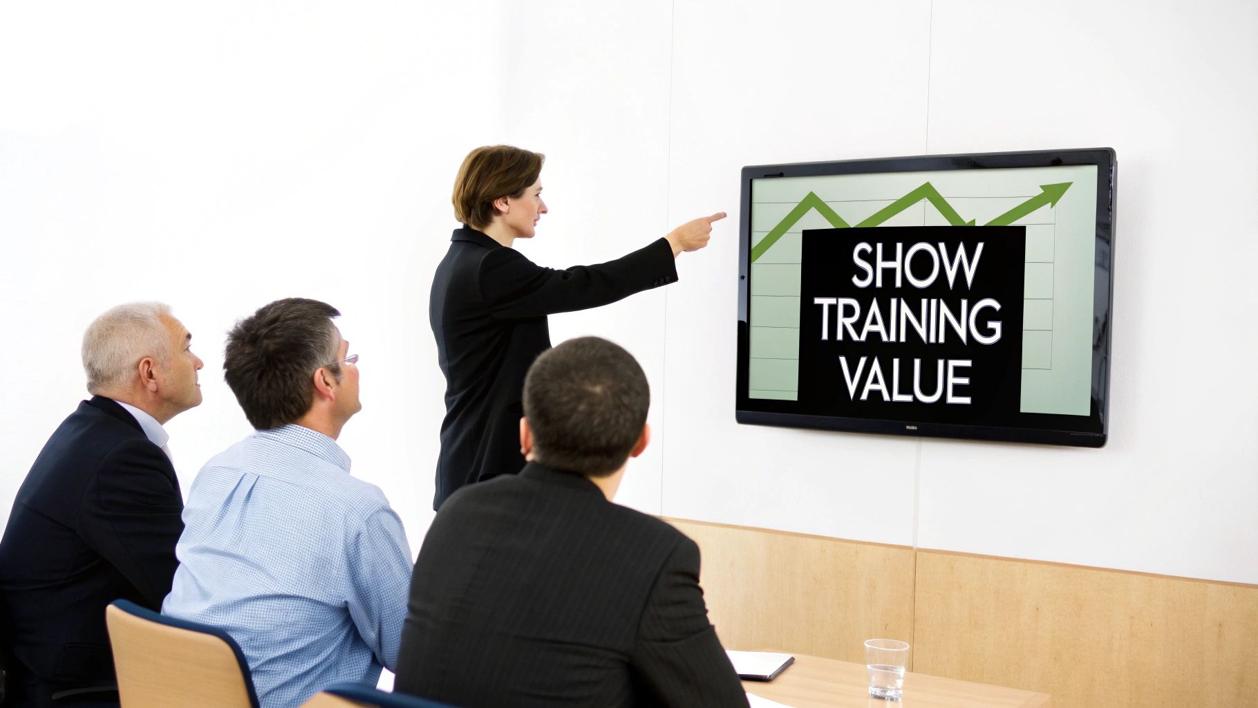 A businesswoman presents 'Show Training Value' on a screen to three attentive men in a meeting.