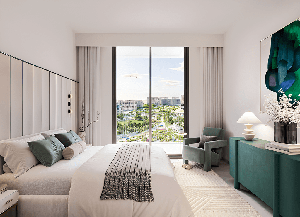 Spacious bedroom at Parkland: large window, natural light, comfortable bed, stylish linens, nightstand. Inviting design.