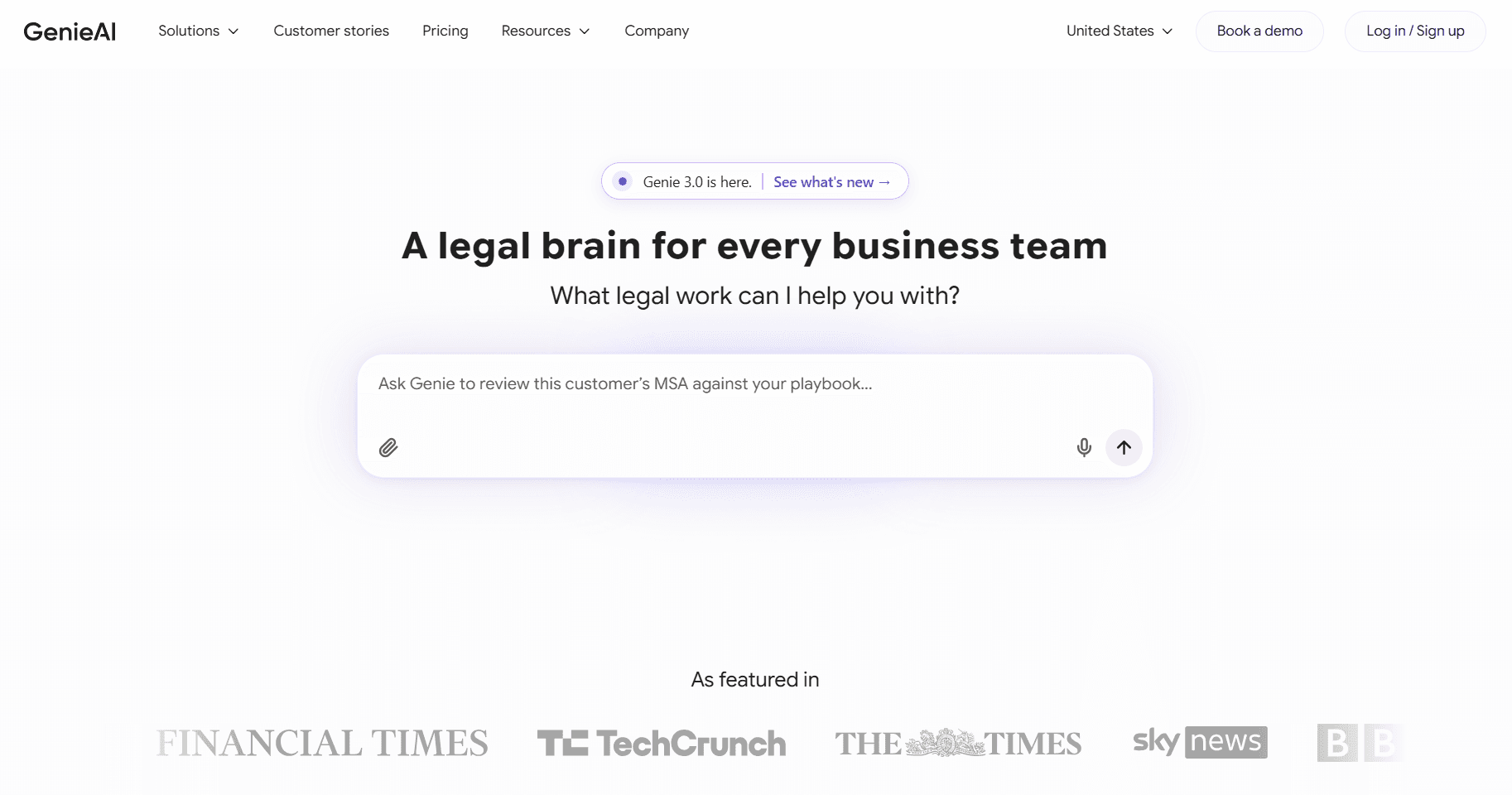 GenieAI homepage featuring the headline “A legal brain for every business team,” with a prompt box for reviewing legal work and media logos below.