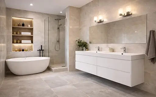 Πολυτελές μπάνιο μετά την ανακαίνιση με σύγχρονη αισθητική, φωτισμό και υψηλής ποιότητας υλικά από την Design Chama