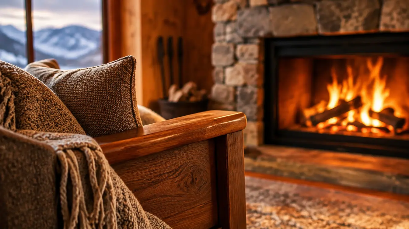 Close-up of a warm mountain cabin interior with wood grain and soft fireplace glow