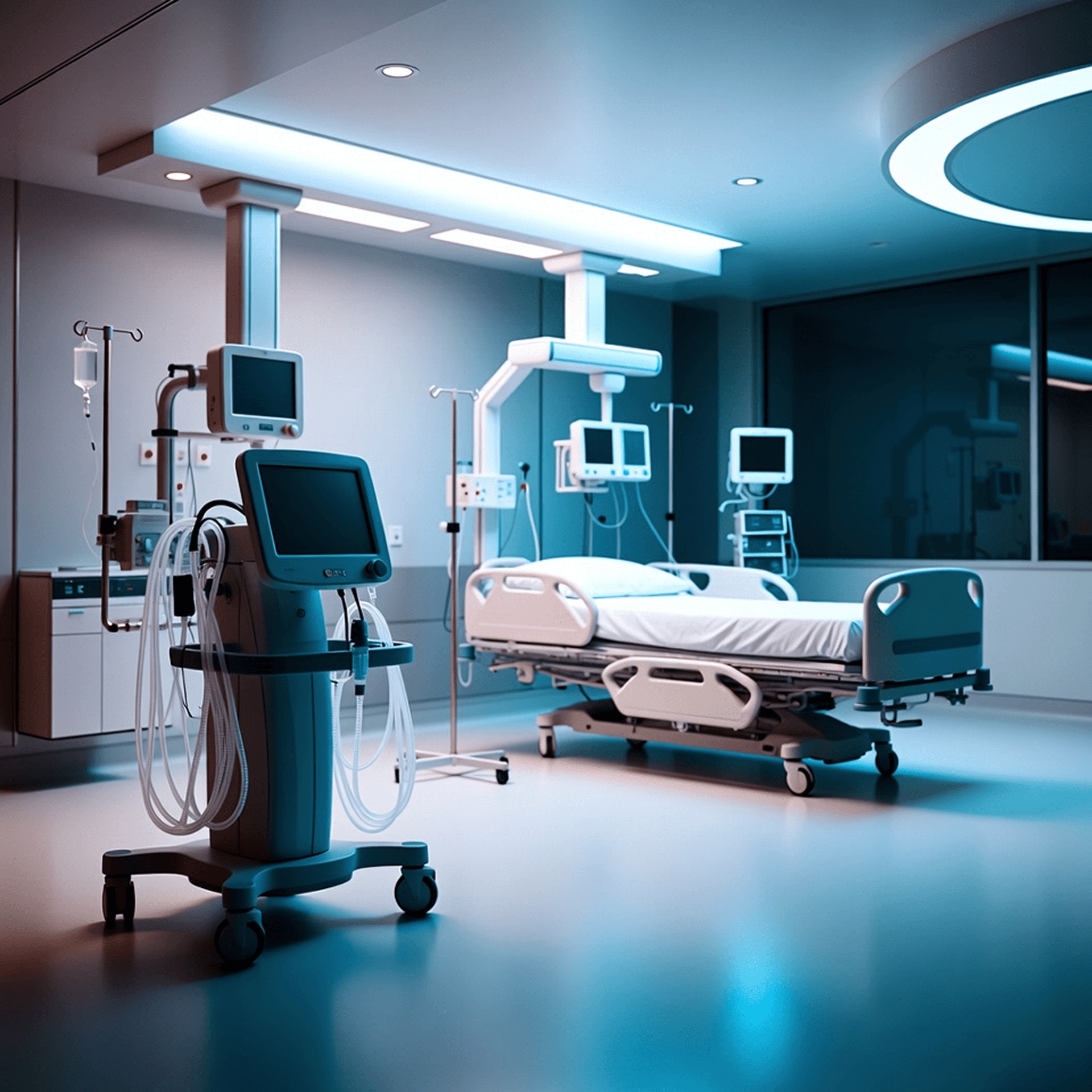 Hospital room scene with medical equipment, bed, and windows.