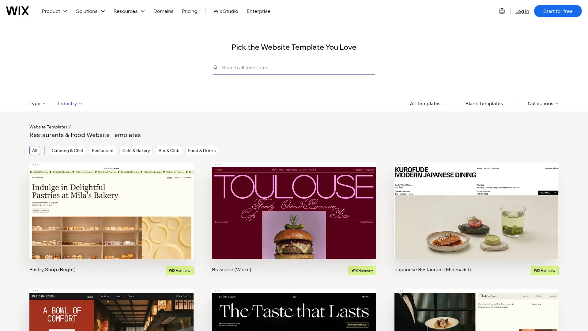 Wix restaurant website templates gallery showing cafe, bakery and bar designs