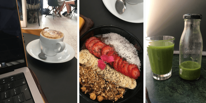 The coffee, nice bowls, and juices at Cotidiano