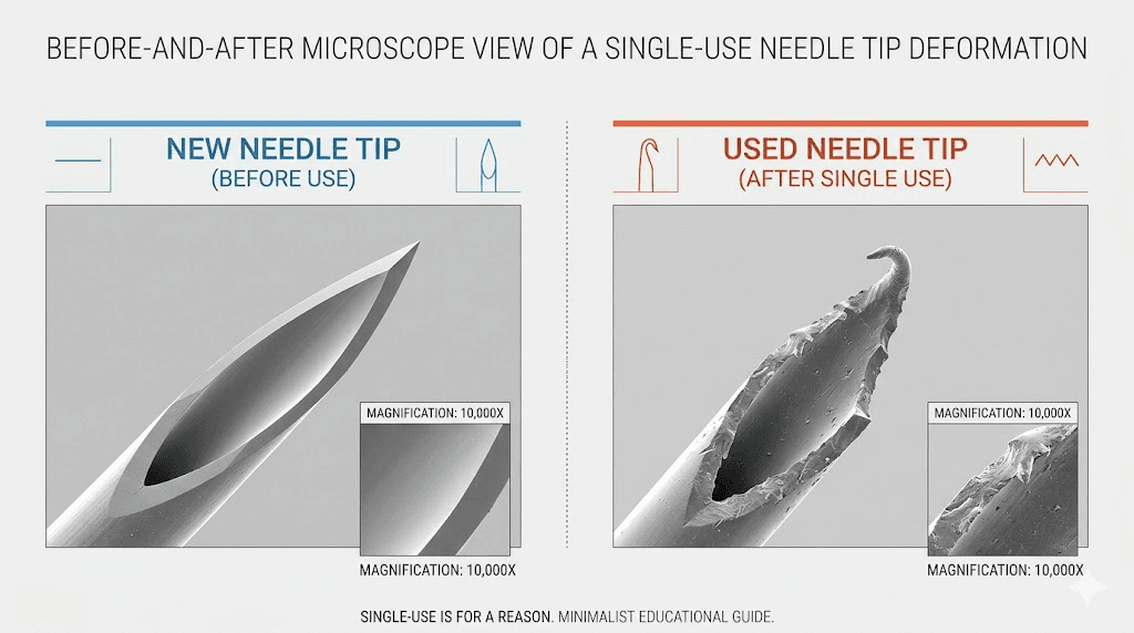 Microscope comparison of new vs used needle tip showing why you should never reuse tirzepatide needles