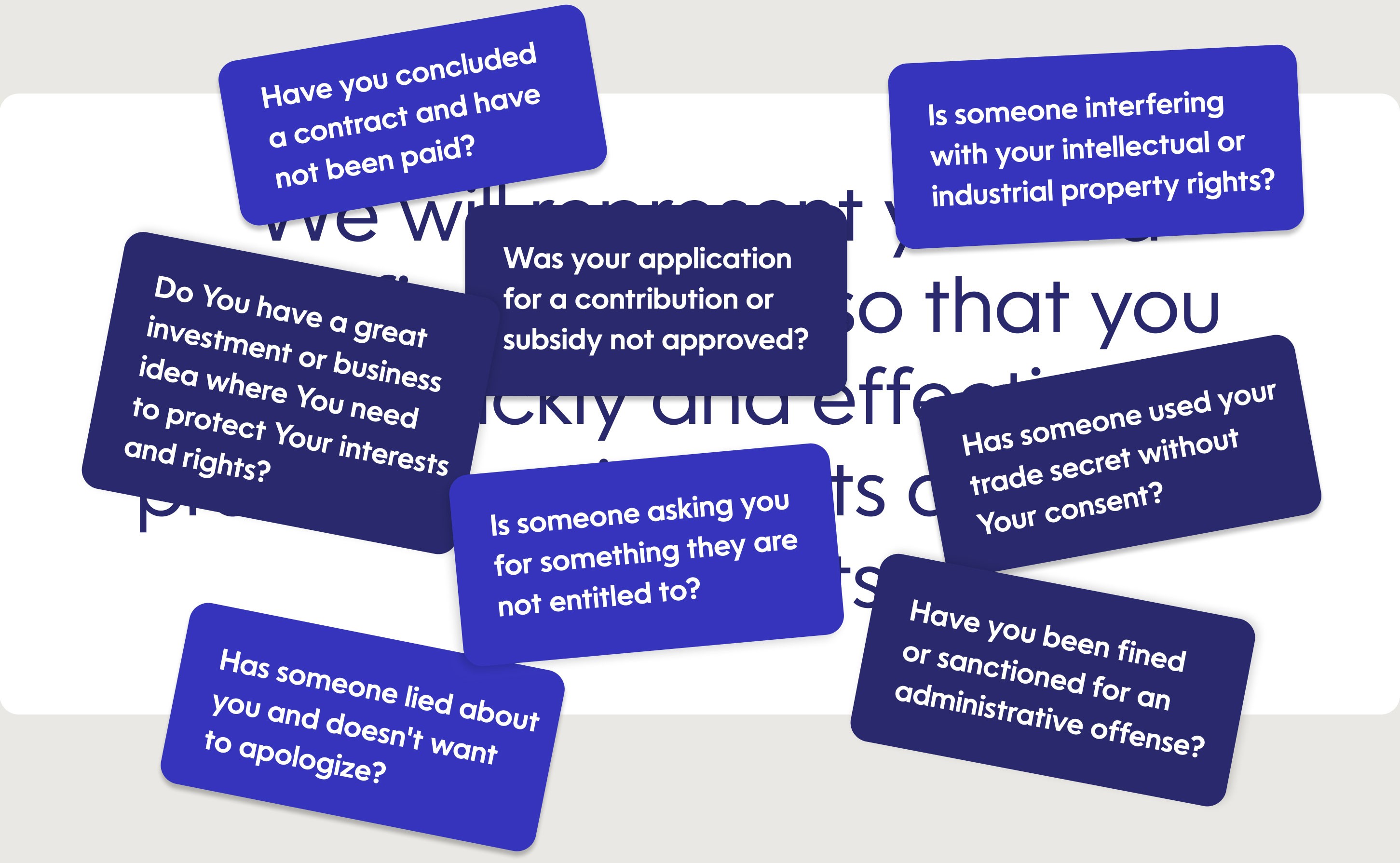 Screenshot from the Ettor & Niess website showing scattered question prompts addressing common legal situations clients face