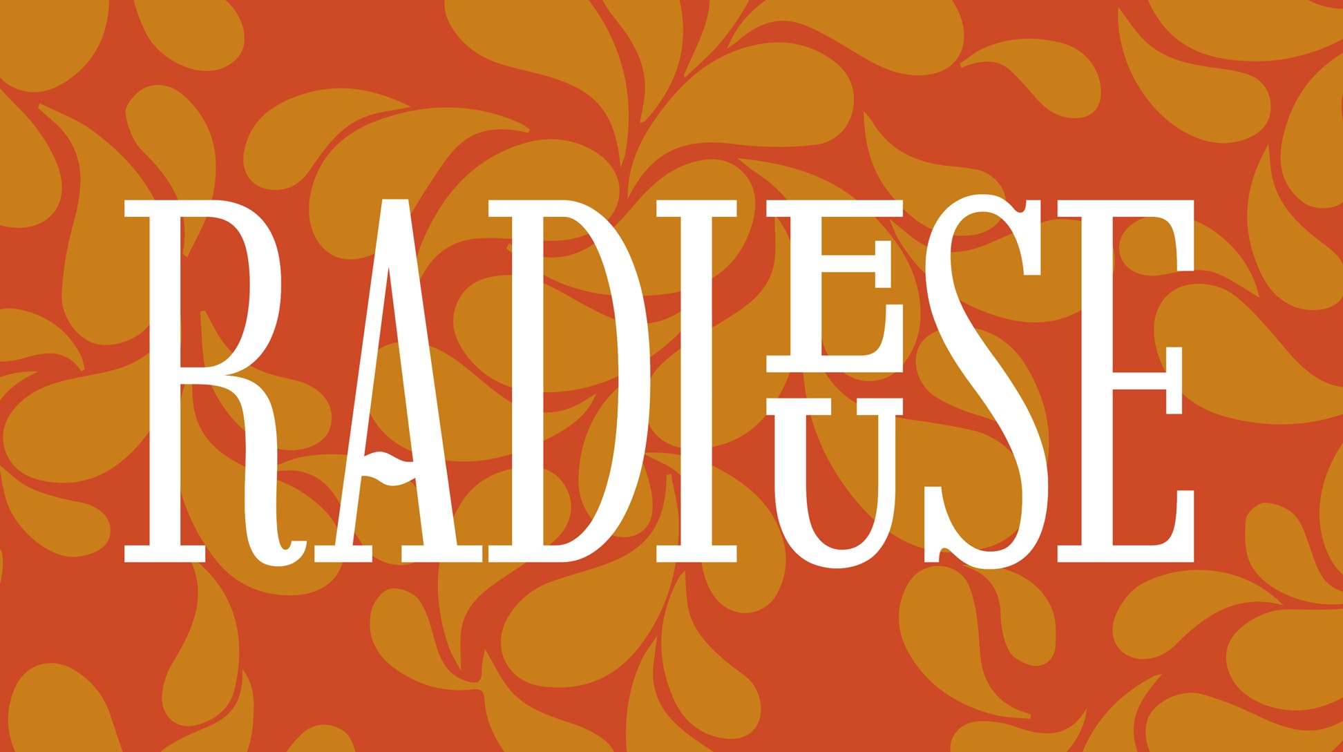 Logo Radieuse sur fond motif orange.