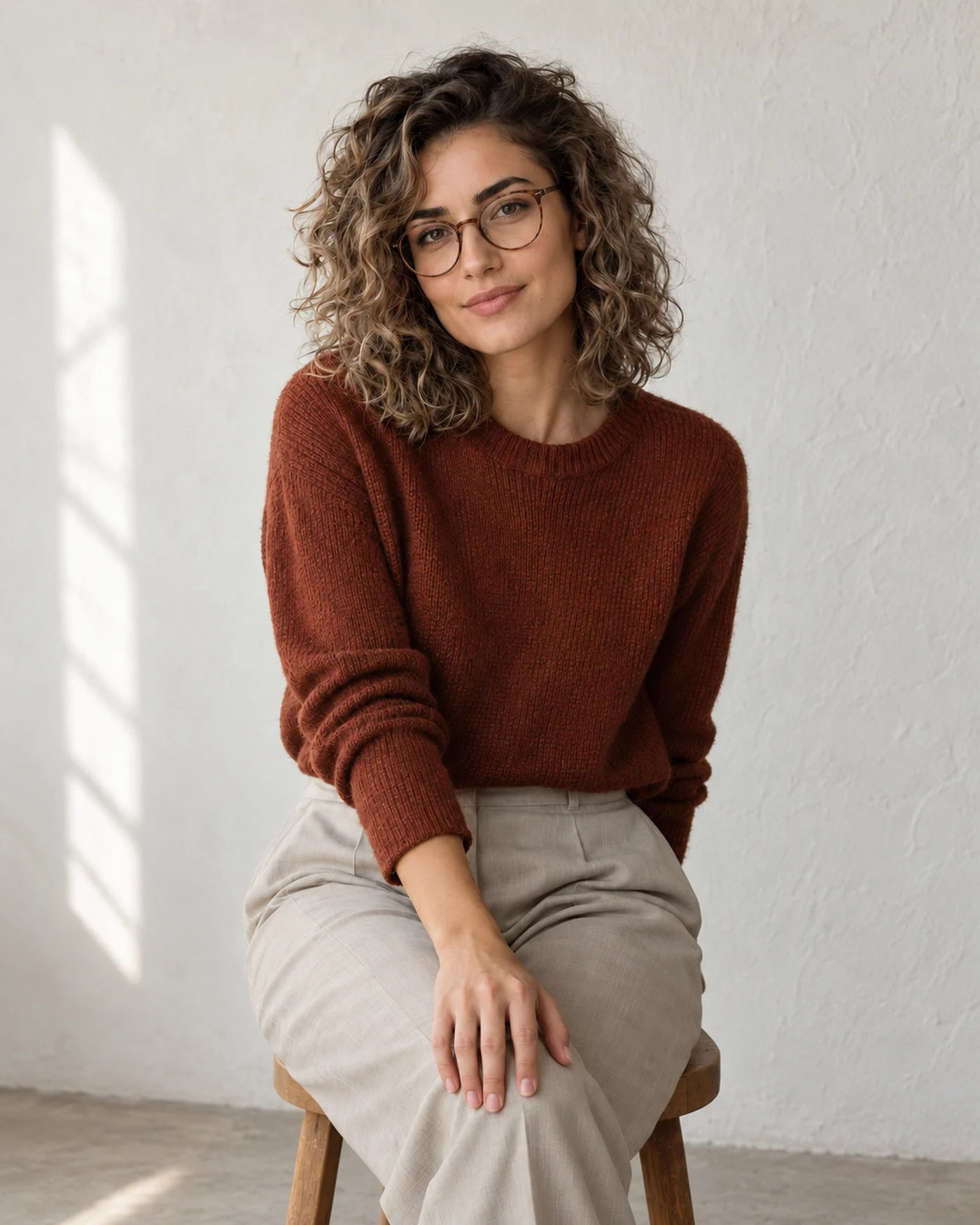 Lena Horak sitting on a wooden stool in a bright studio, wearing a rust sweater