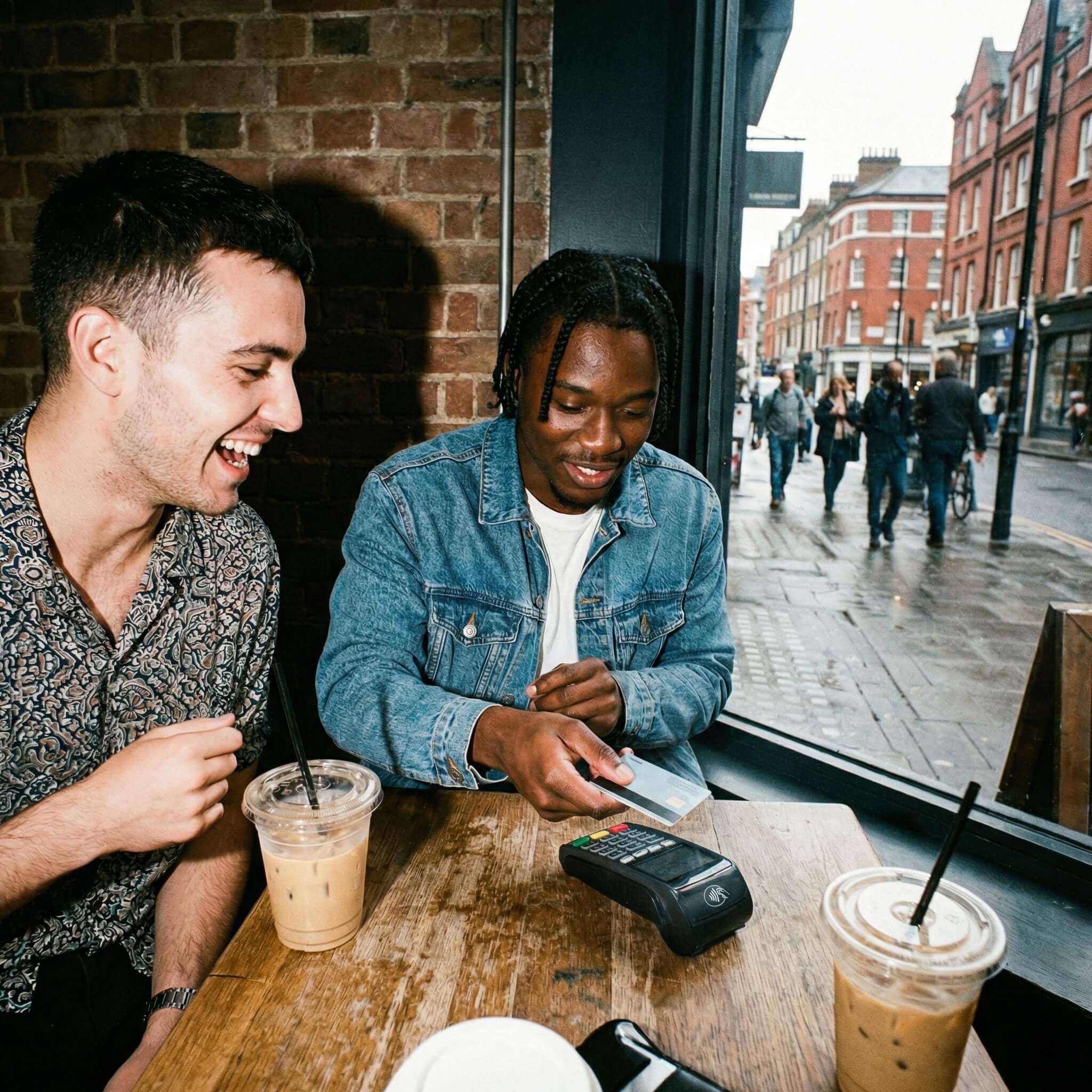 Two young male friends having coffee. One is paying with his credit card.