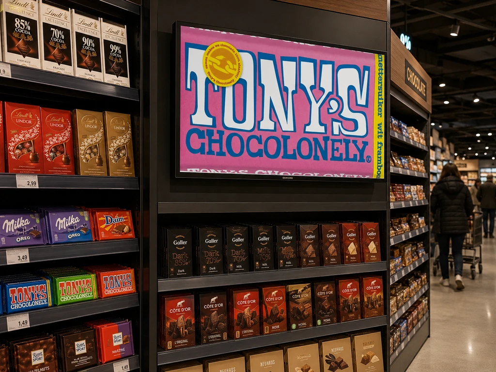 Supermarket digital signage displaying fresh produce promotions and weekend grocery deals