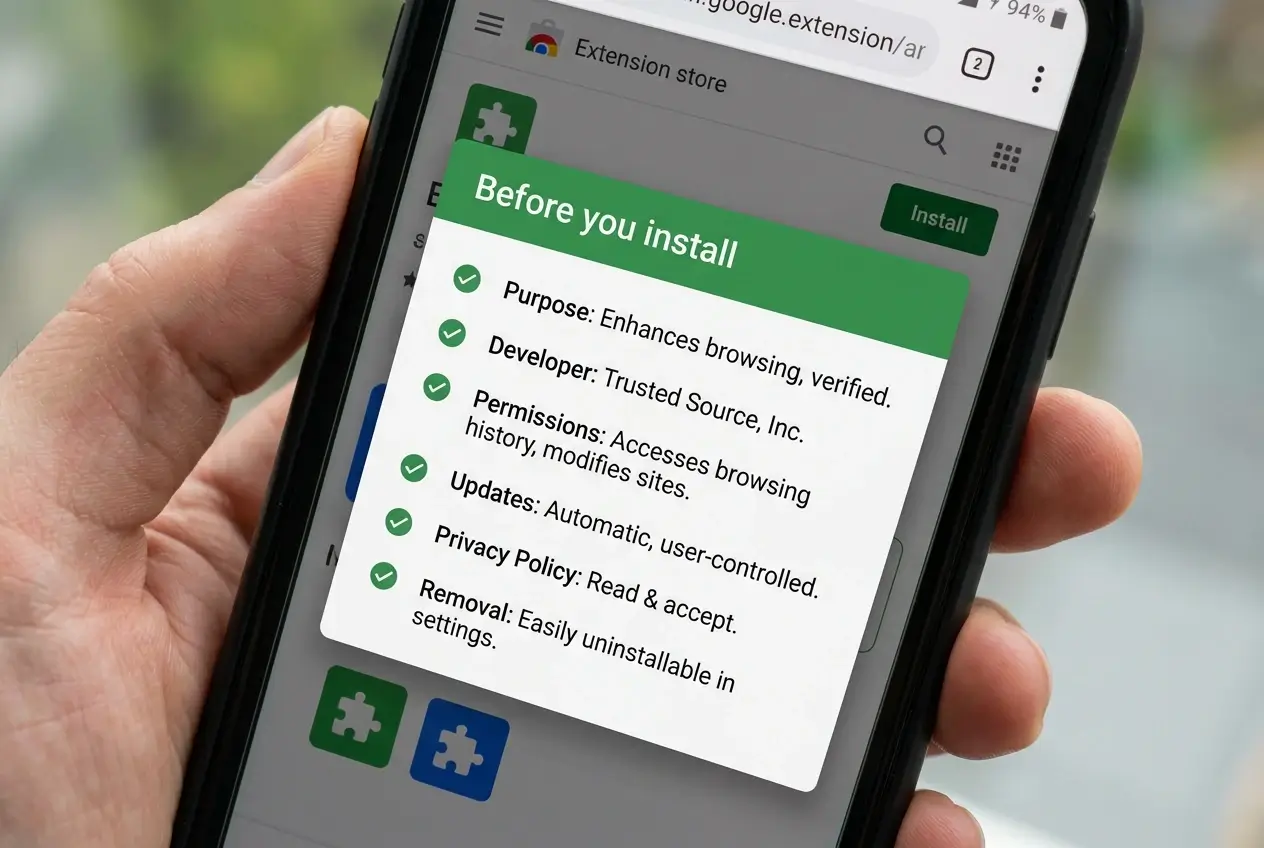Safety checklist before installing Android browser extensions