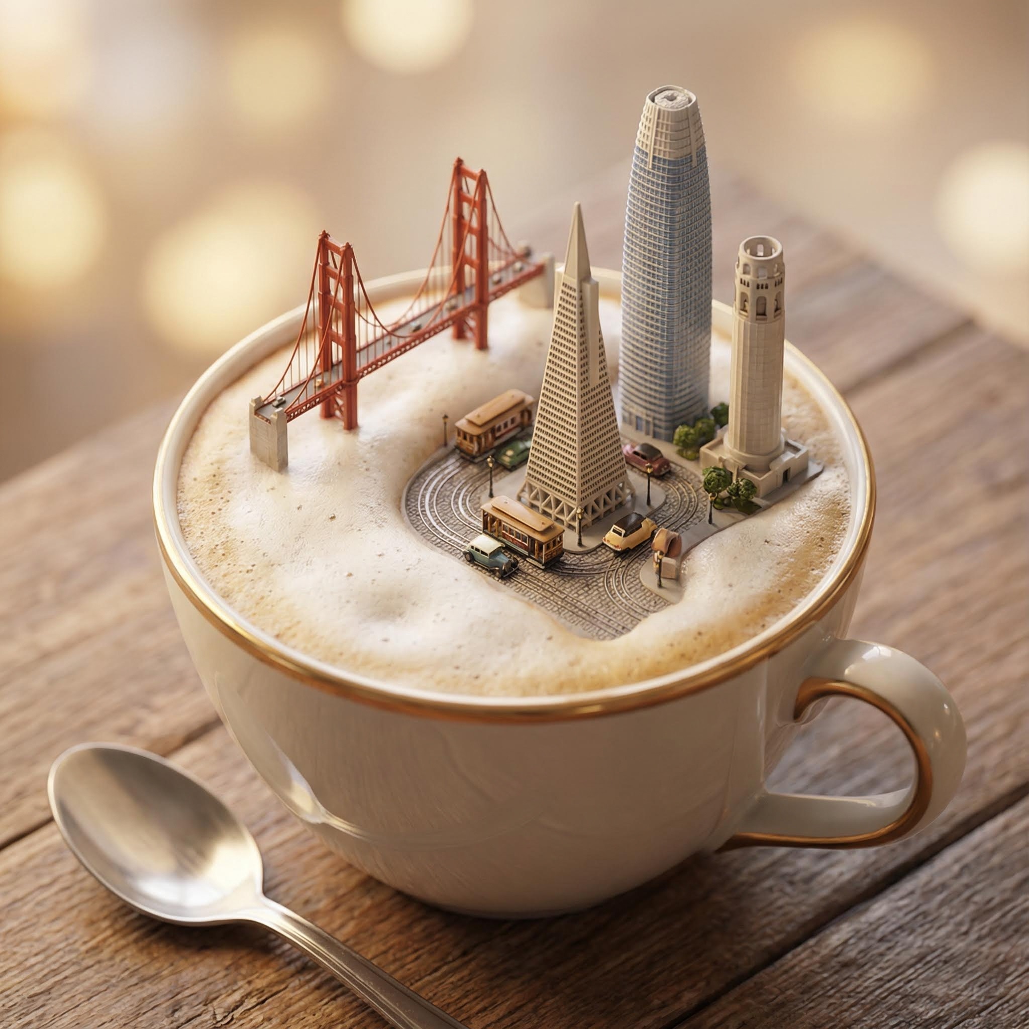 Present a clear, 45° top-down view of an isometric miniature 3D cartoon scene, highlighting iconic landmarks centered in the composition to showcase precise and delicate modeling.&nbsp;A close-up of a porcelain coffee cup filled with cappuccino foam, subtly floating a detailed city of {city, default to user's current location} occupying most of the composition. Prominently displayed at the scene's center are the city's most iconic landmarks, vividly detailed and illuminated softly.&nbsp;Miniature streets feature realistic, tiny vehicles moving seamlessly. With cinematic-quality lighting and depth-of-field blurring, the image creates a magical, dreamlike atmosphere. Exceptionally detailed and highly photorealistic, the scene achieves an 8K cinematic finish.&nbsp;