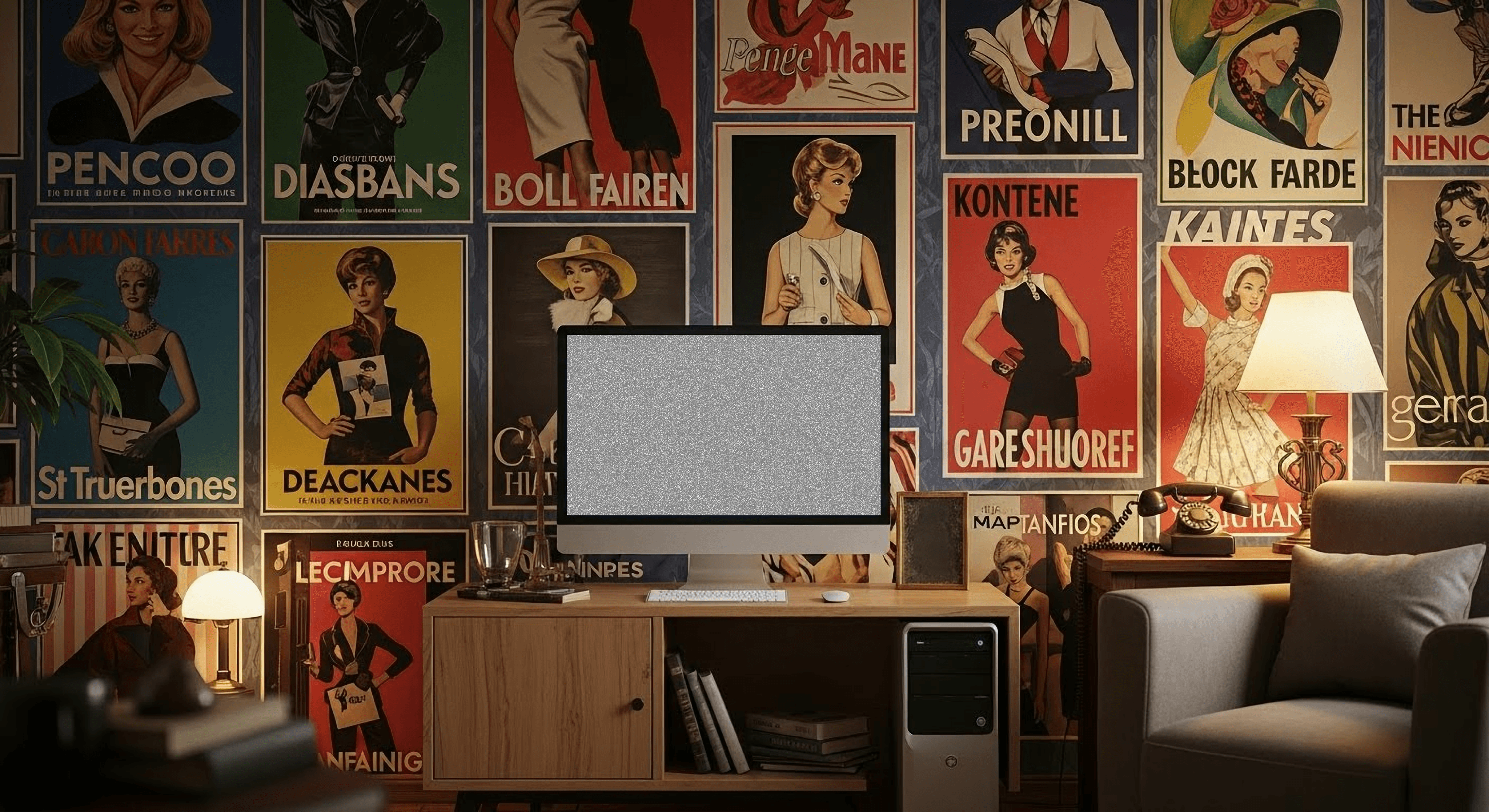 A cosy room with background full of poster and a brown wooden table in the center with an iMac on the table top that has a white screen