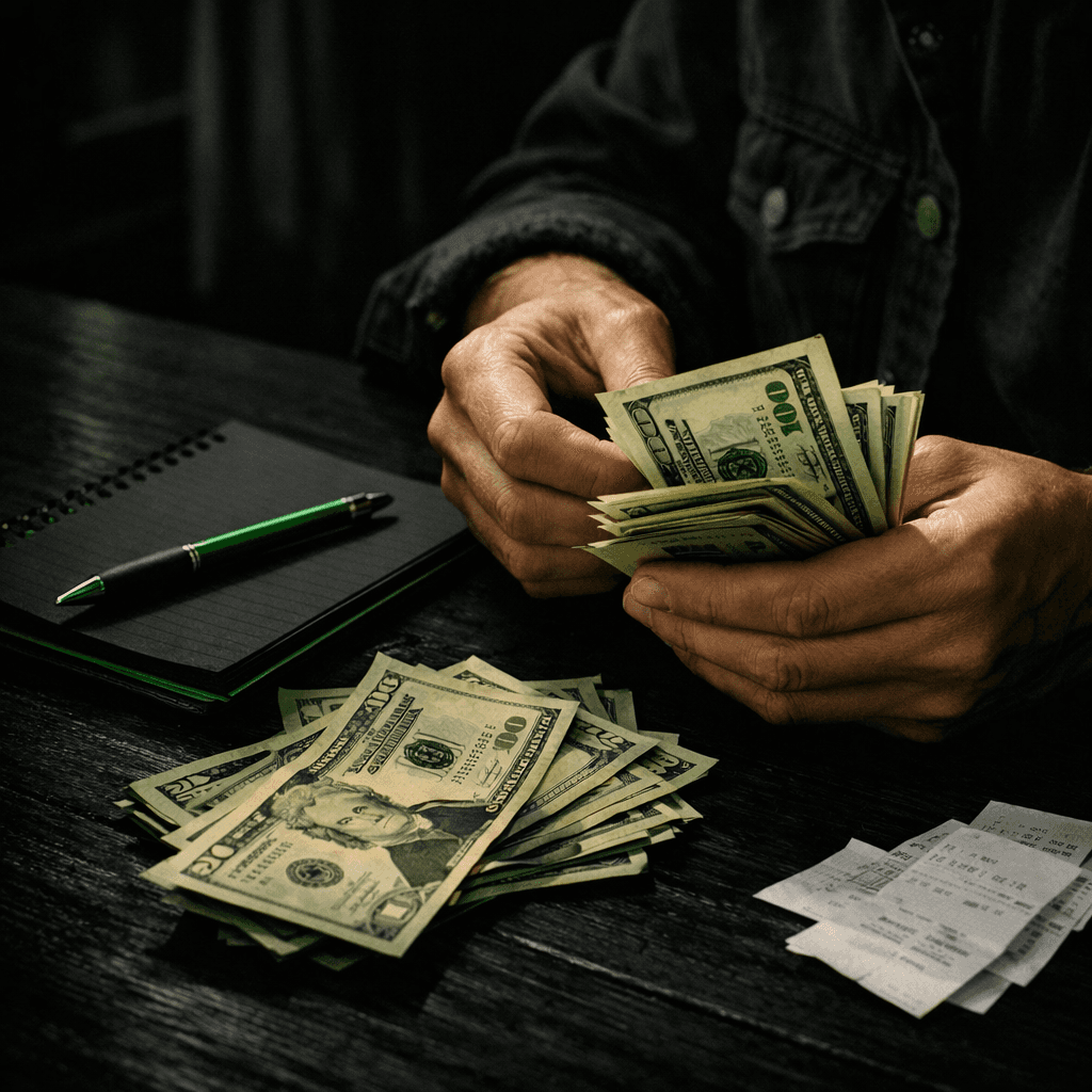 Person counting a stack of US dollar bills on a desk with a notebook and pen.
