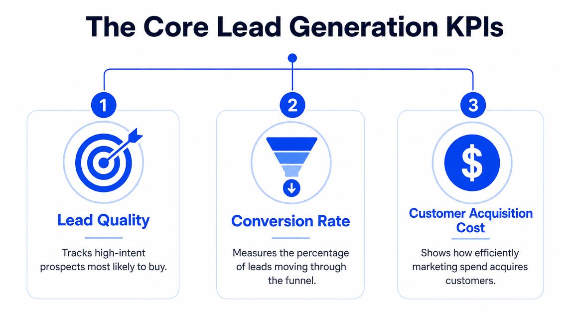 A diagram illustrating three core lead generation KPIs: lead quality, conversion rate, and customer acquisition cost.