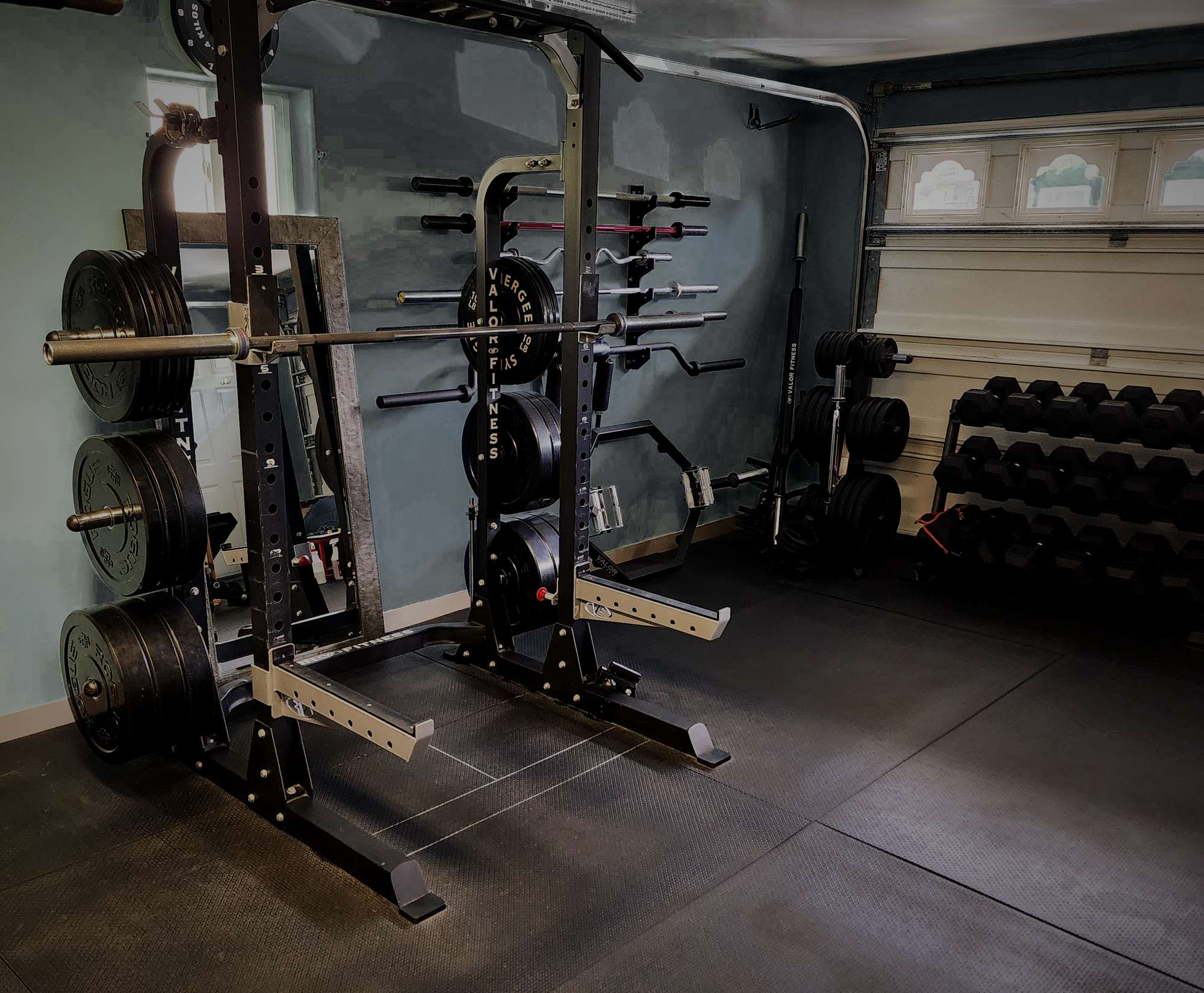 Half rack loaded with bumper plates, a wall-mounted barbell rack and dumbbells in Joseph's private Homer training studio