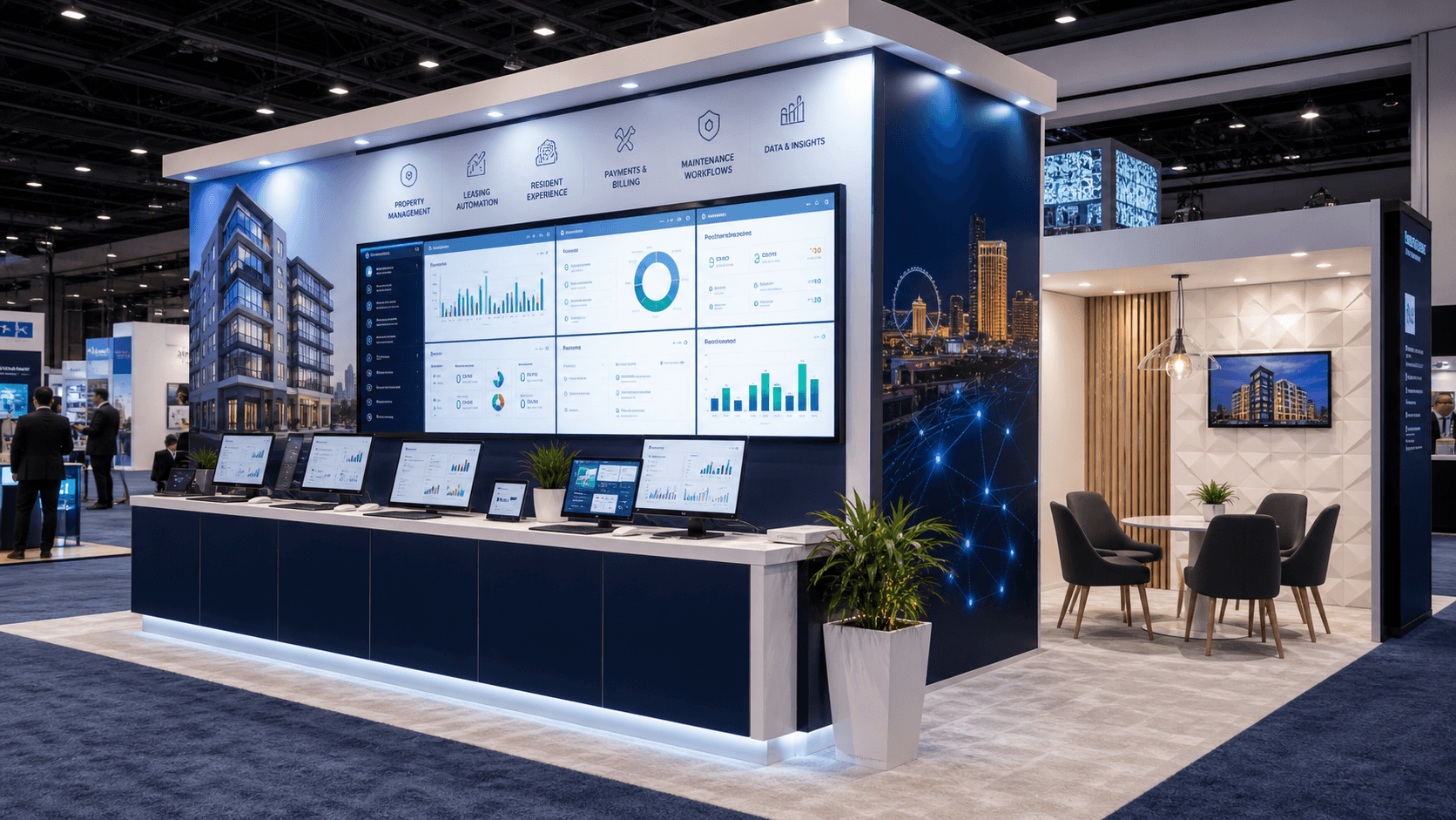 Property technology trade show booth at OPTECH with a screen-forward demo counter, dashboard displays, and a semi-private meeting corner for buyer conversations