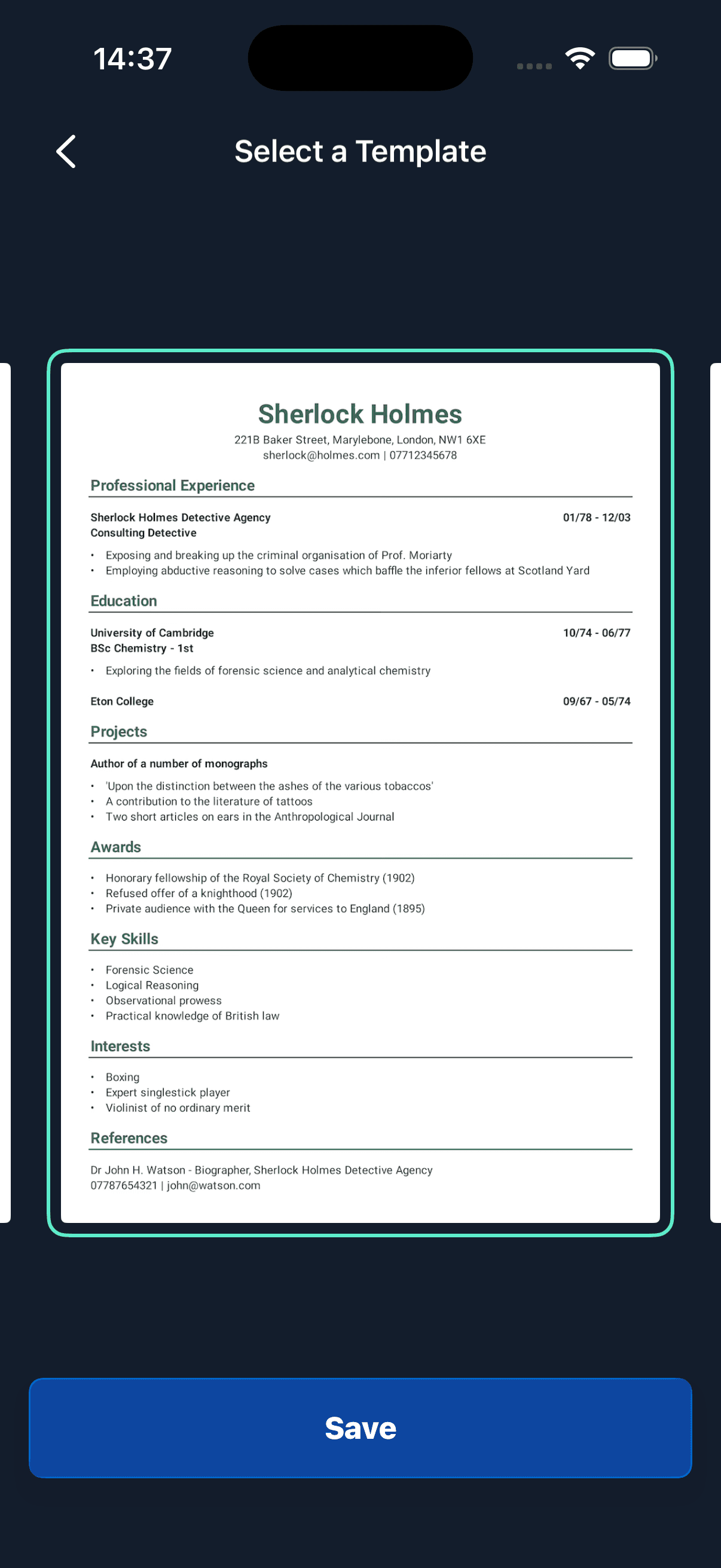 Select a Resume template screen showing example resume templates