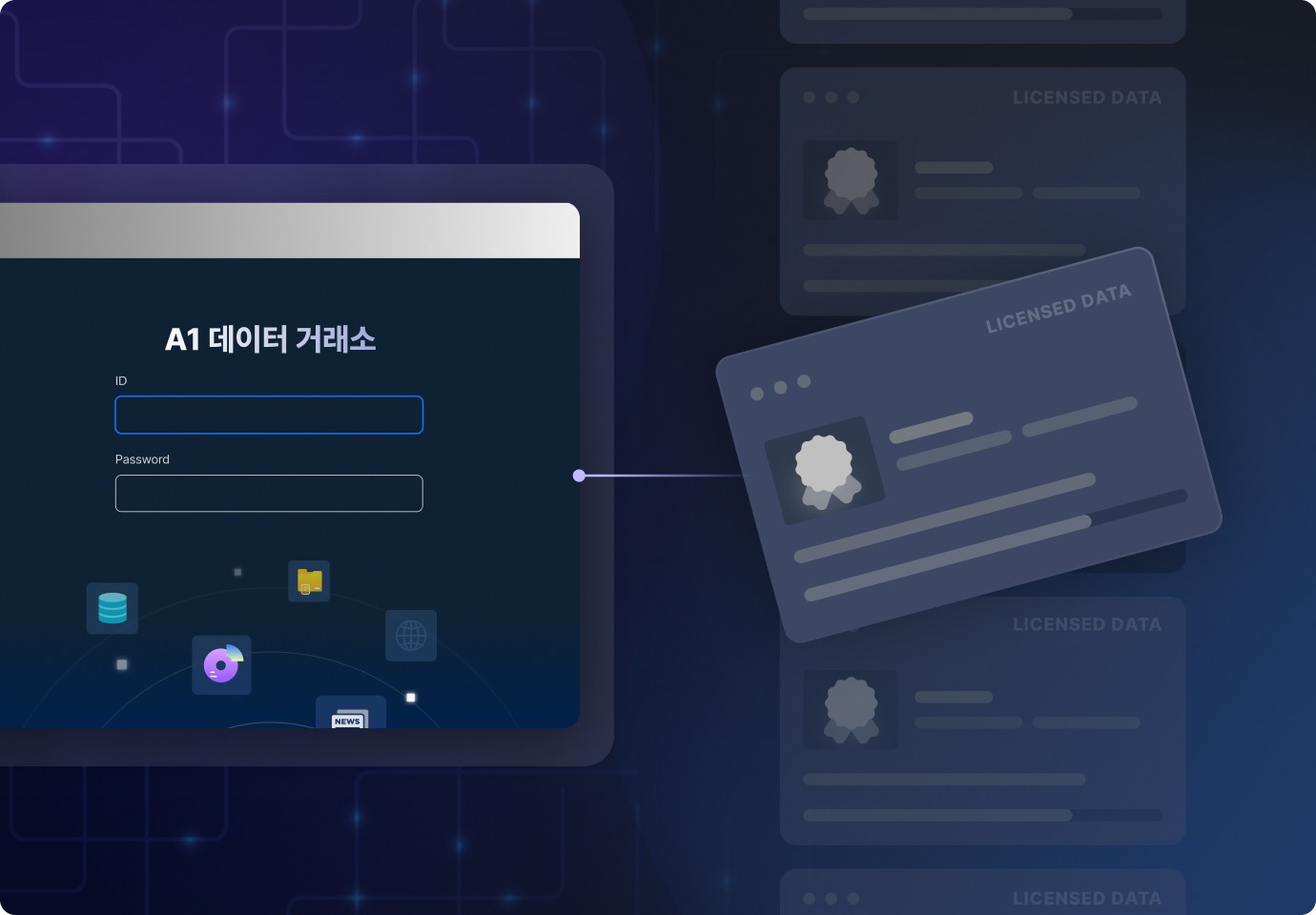 A1 데이터 거래소 로그인 화면과 연결된 라이선스 인증 데이터 화면을 보여주는 이미지