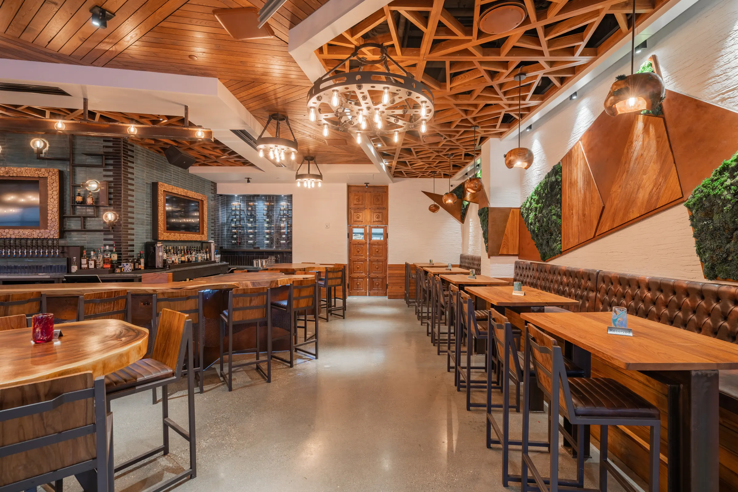 Long leather banquette and bar seating at TownHall Columbus
