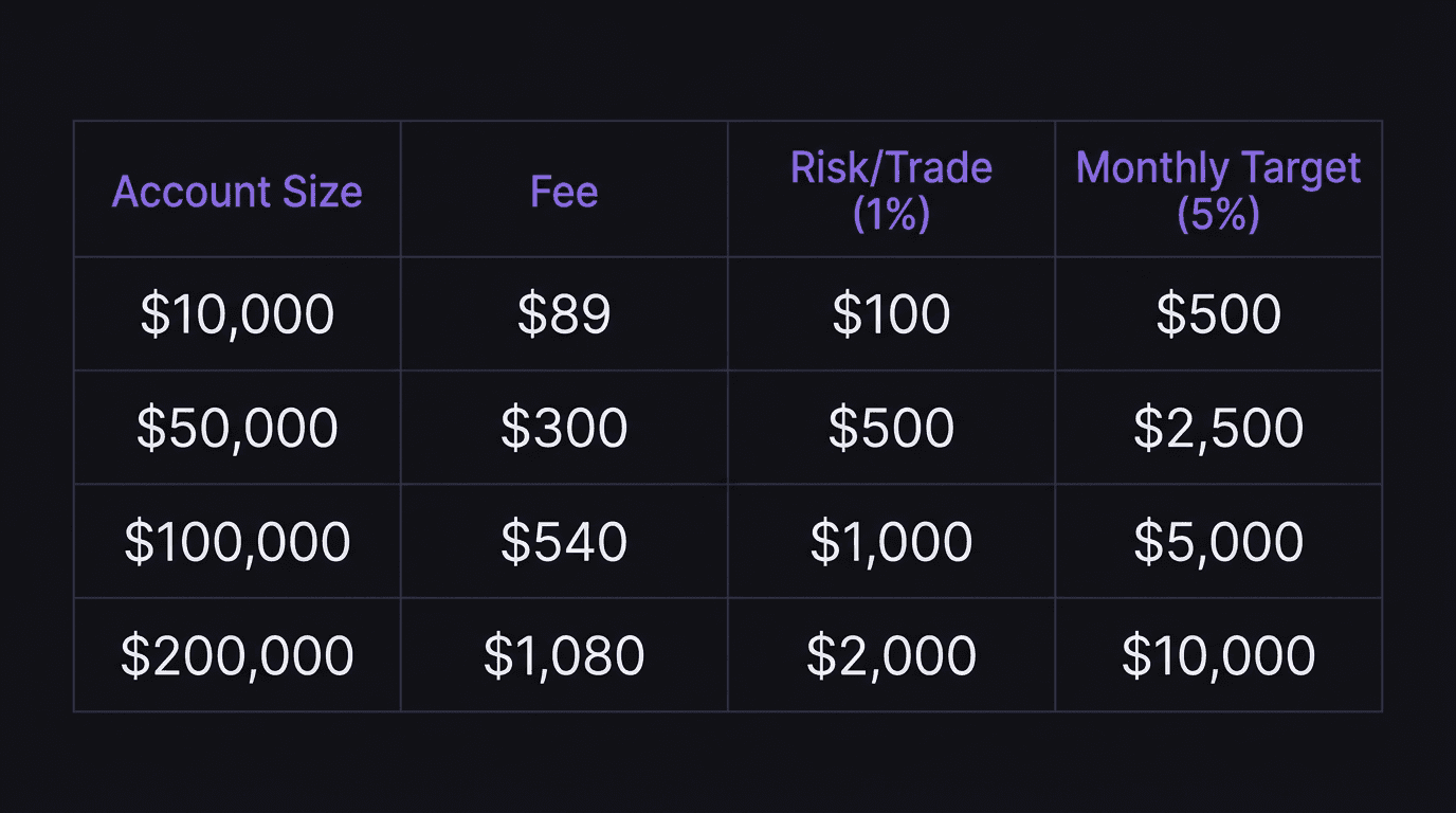 Comparison table showing prop firm account sizes from 10k to 200k with fees, risk per trade at 1 percent, and monthly targets at 5 percent