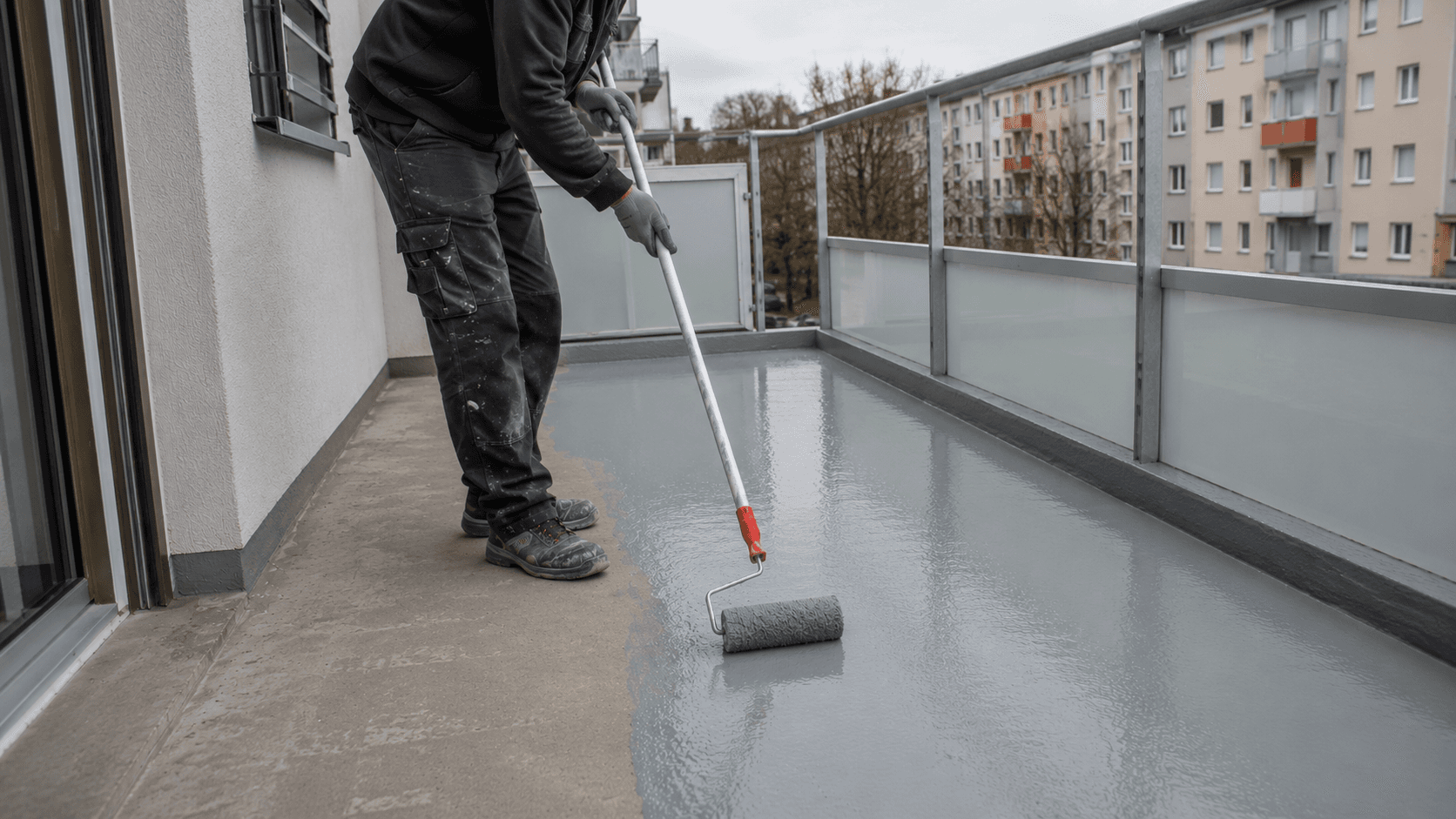 handwerker bei der abdichtung eines balkons in Langenfeld