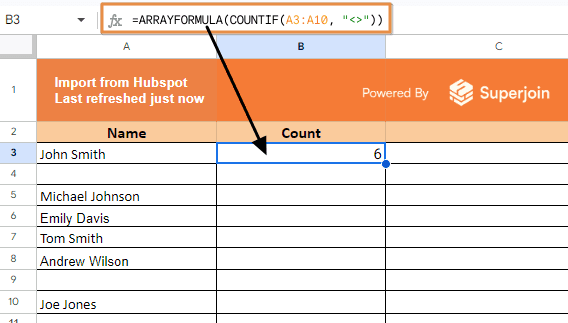 =ARRAYFORMULA(COUNTIF(A3:A10, "<>"))