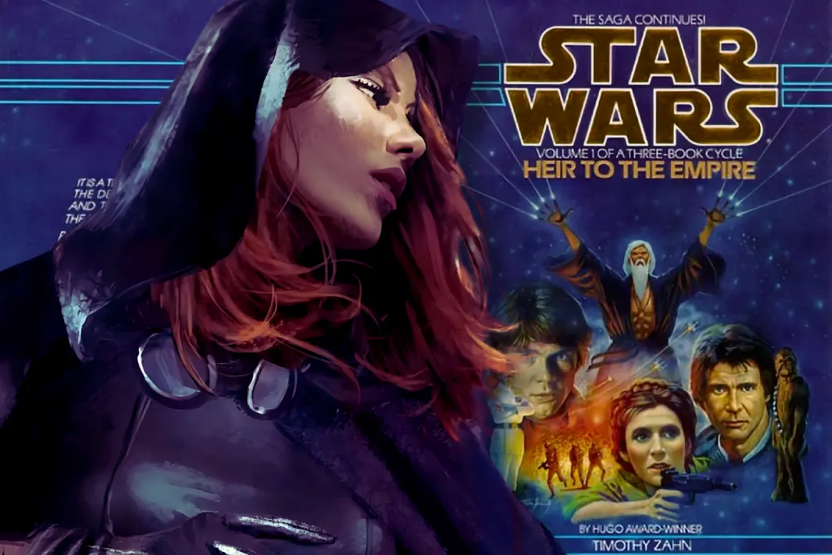 A digital illustration of Mara Jade in a dark cloak, positioned beside the original cover of Heir to the Empire, the novel that introduced her to the Star Wars Expanded Universe. The image highlights her significance in Legends continuity.