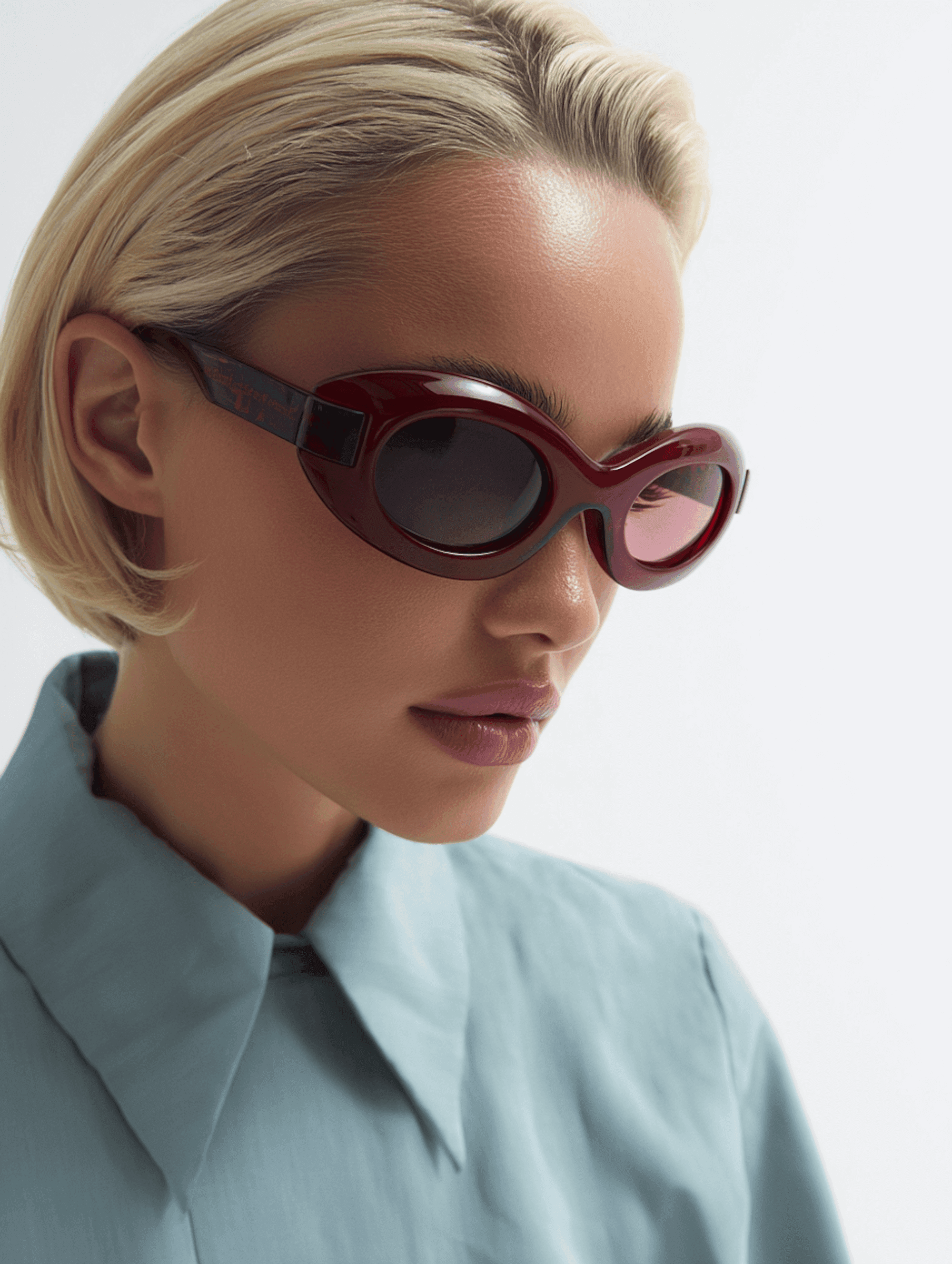 Side profile with red sunglasses and blue shirt
