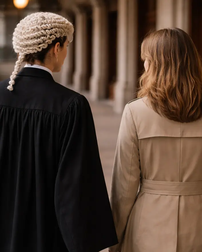 Lawyer in wig and gown walks with a client.