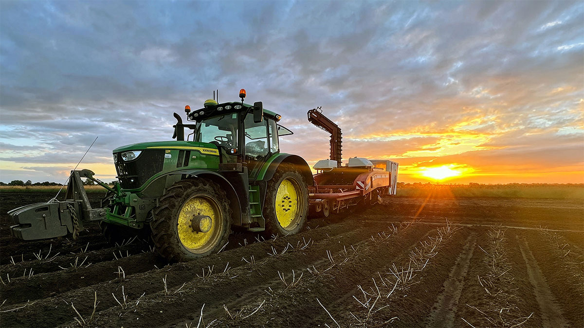 Green John Deere tractor with potato planter working in field at sunset with dramatic orange and blue sky