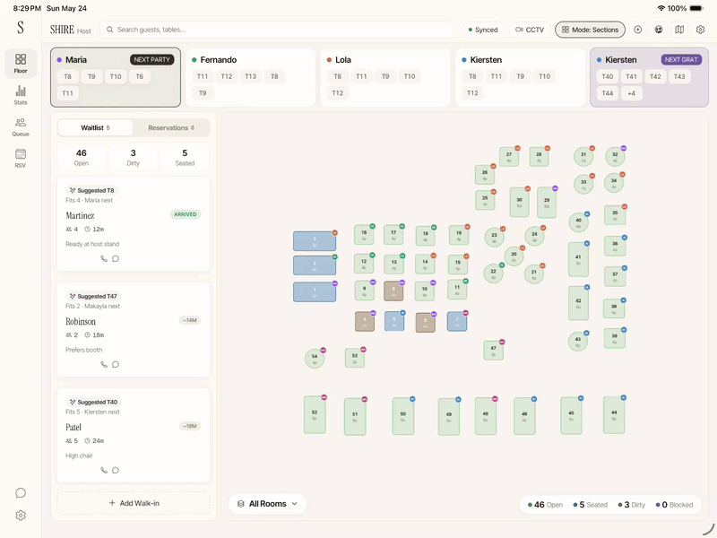 Shire Host floor map updating table and seating status