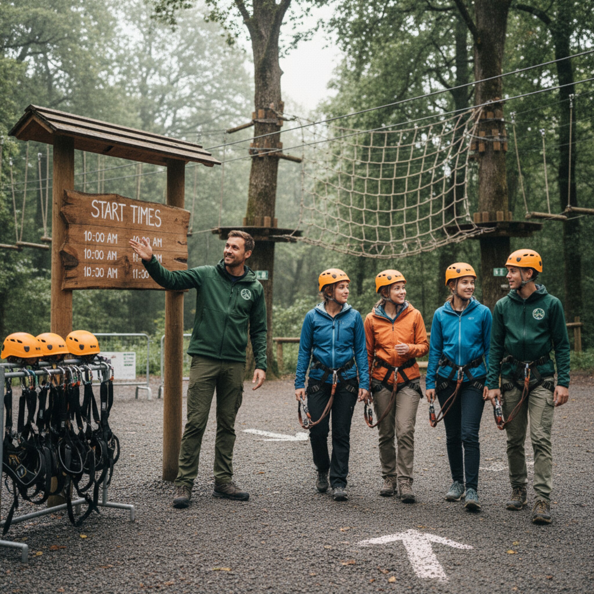 Am Gate zeigt ein Mitarbeiter auf eine Tafel mit den nächsten Startzeiten, während eine Gruppe geschlossen Richtung Briefing-Bereich geht. Die Vorbereitung läuft geordnet, Helme sitzen, Gurte sind geschlossen. Alles wirkt strukturiert und zügig.