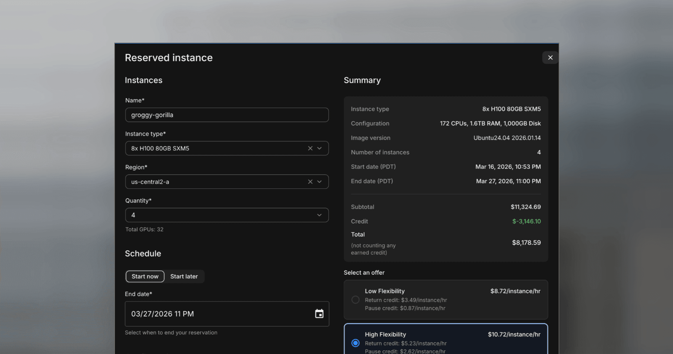 A screenshot of the flexible reservation request page on the Mithril console